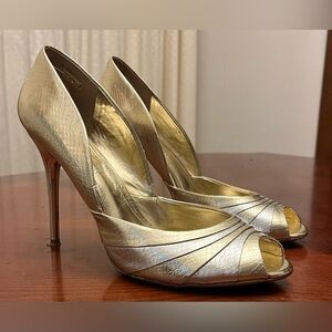 Vintage 90s Gold & Silver Peep Toe Stiletto Heel Shoes Leather
